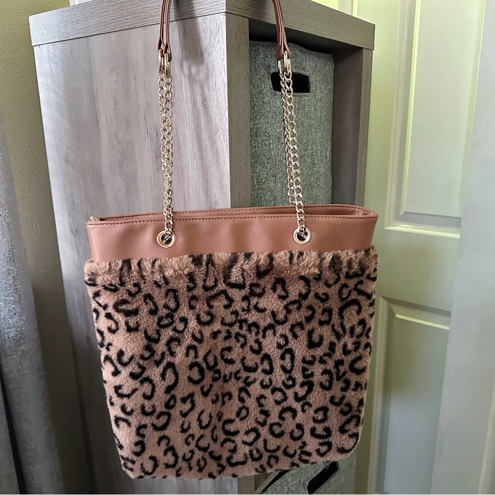 Fuzzy, Soft, Plush, Fluffy Leopard Fluffy Tote 15” Bag For Girls